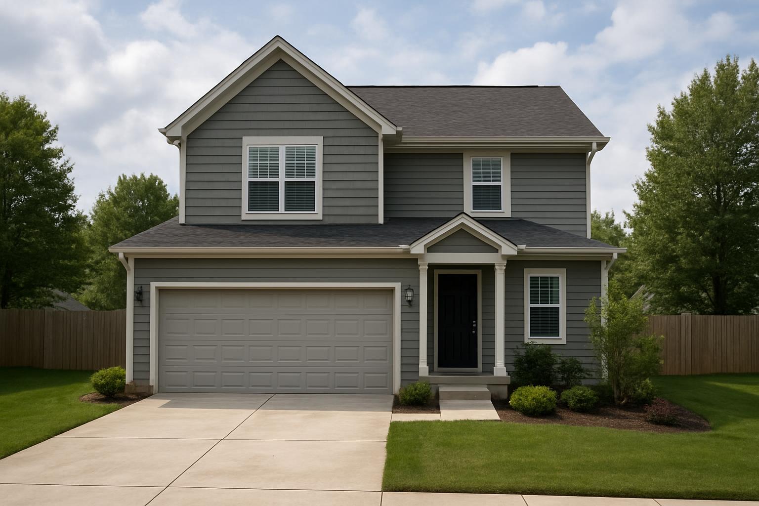 A two-story gray house with a garage and fenced-in yard under a light-colored sky.