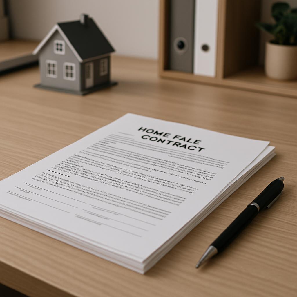 The image depicts a home purchase contract on a desk next to a pen, accompanied by a model house, with other office suppli...